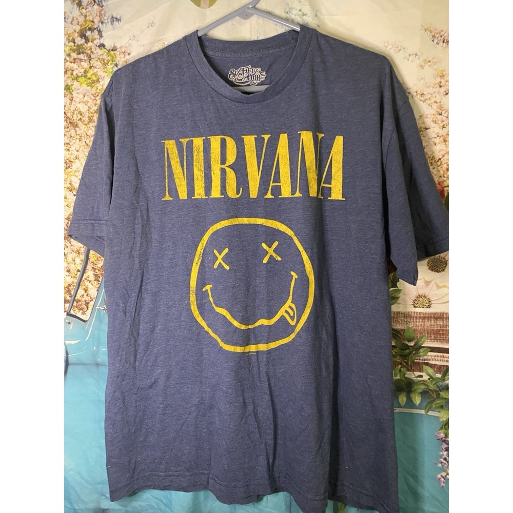 Nirvana Six Fifty One Mens Large Smiley Face Blue Short Sleeve T-Shirt Crew Neck